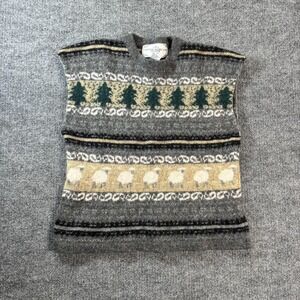 Crystal-Kobe Ltd Sweater Vest Womens Petite L Gray Wool Fair Isle Sheep